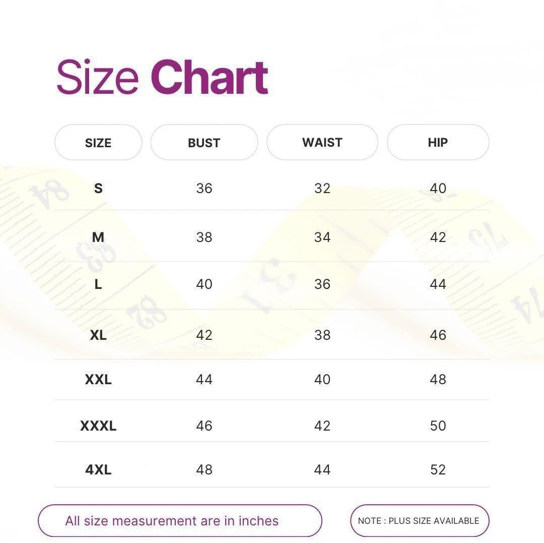 Pink Palette by Neha size chart with bust, waist and hip measurements in inches